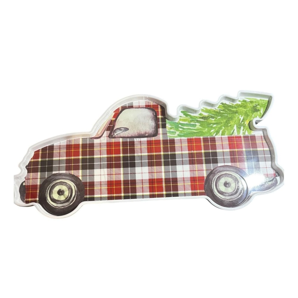 Christmas Plaid Truck Tree Serving Tray Holiday Tableware Kitchen Decor